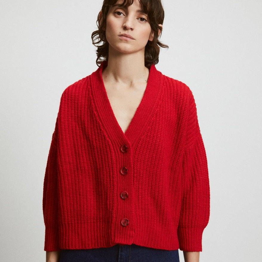 red sweater cardigan